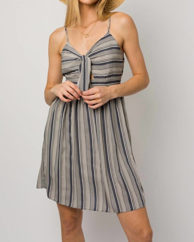 Front of a model wearing a size Large Mullan Striped Sleeveless Dress In Charcoal/Ivory in Charcoal/Ivory by Gilli. | dia_product_style_image_id:345537